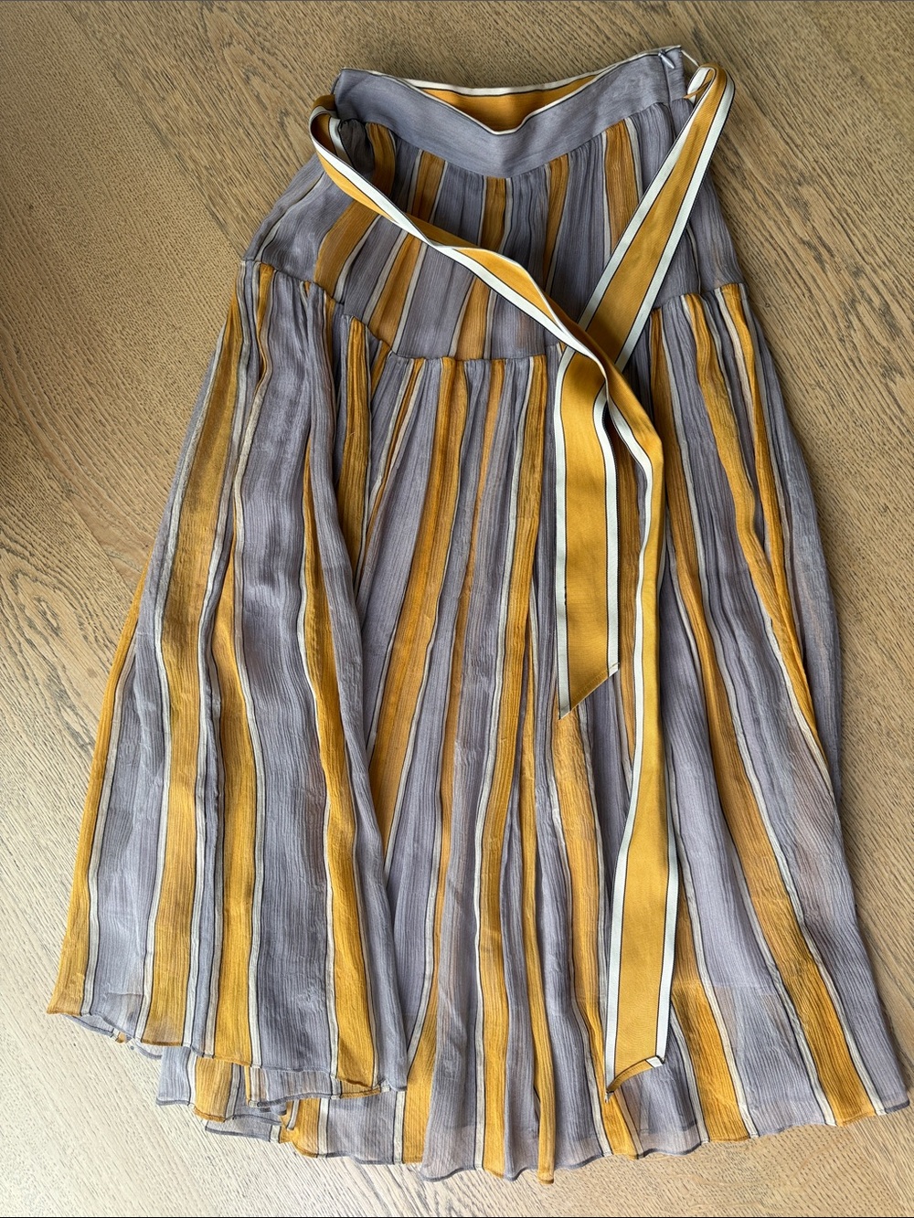 Zimmermann Mustard and Gray Striped A-Line Midi Skirt with Waist Tie